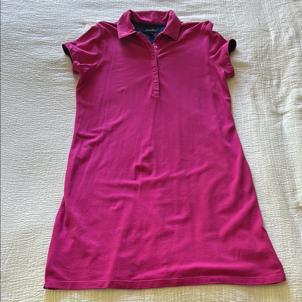 Lands' End Pink and Navy Blue Trim Sheath Polo Dress with Cuffed Cap Sleeves